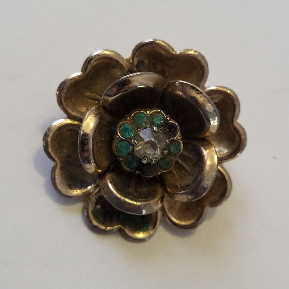 Vintage 50s Coro Signed Goldtone Flower Brooch Pin Green Rhinestone Flower READ